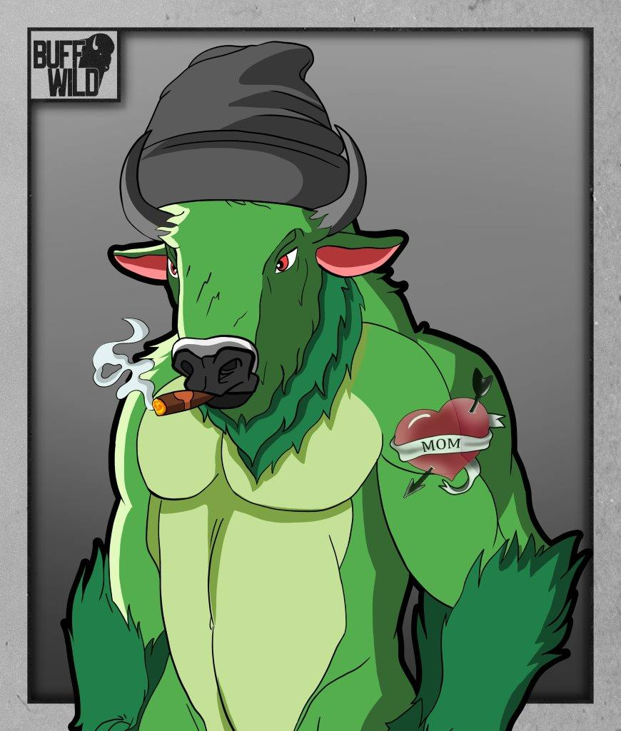 Green Buffalo wearing a black hat smoking a cigar with a heart mom tattoo